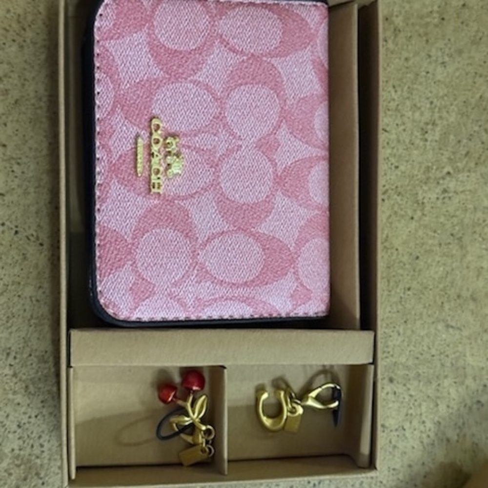 Coach Pink Signature Compact Crossbody Wallet with Gold Hardware
